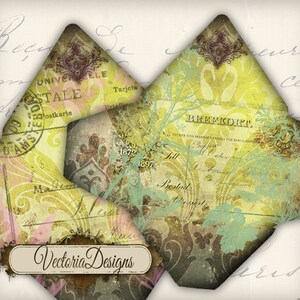 May include: A vintage-style collage of envelopes with a yellow, green, and brown colour scheme. The envelopes have a distressed look and feature text in German and English, including the words "BREFKORT" and "Postkarte".