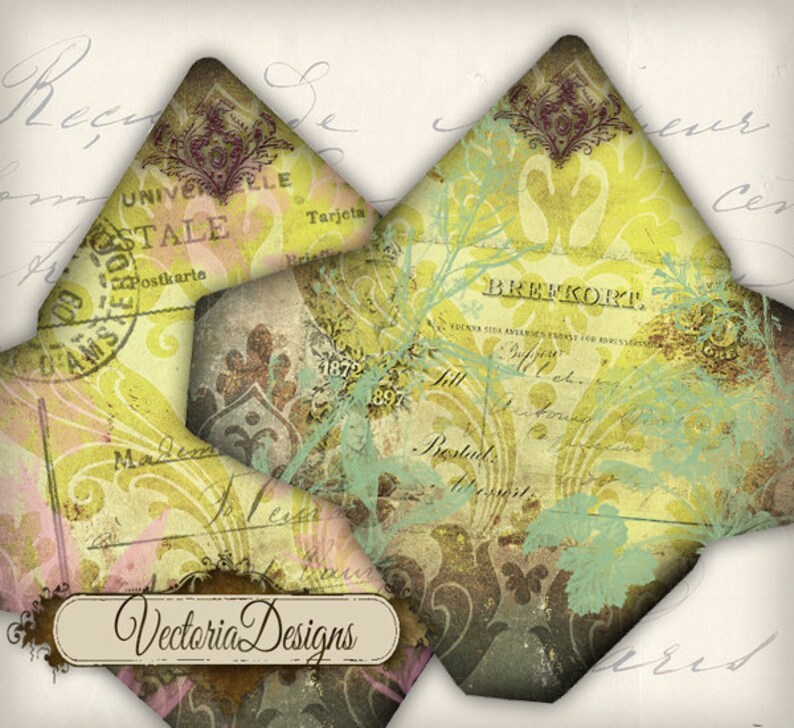 May include: A vintage-style collage of envelopes with a yellow, green, and brown colour scheme. The envelopes have a distressed look and feature text in German and English, including the words "BREFKORT" and "Postkarte".