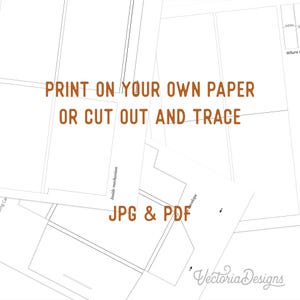 May include: A digital template for a paper craft project featuring black line drawings on a white background. The text reads PRINT ON YOUR OWN PAPER OR CUT OUT AND TRACE, Inside mechanism, JPG & PDF, and VectoriaDesigns in the bottom corner.