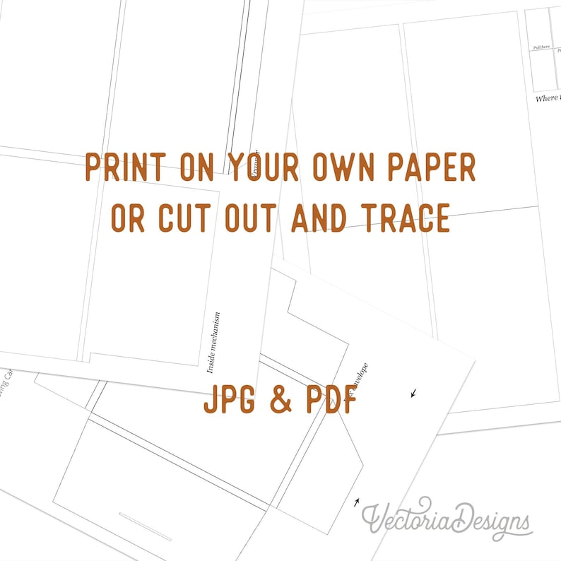 May include: A digital template for a paper craft project featuring black line drawings on a white background. The text reads PRINT ON YOUR OWN PAPER OR CUT OUT AND TRACE, Inside mechanism, JPG & PDF, and VectoriaDesigns in the bottom corner.