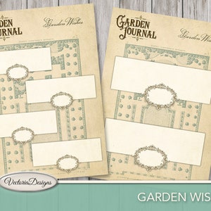 Pu&ograve; includere: Segnaposto stampabili con un tema da giardino vintage. Le carte presentano un bordo decorativo con un motivo floreale e il testo "Garden Journal" e "Garden Wishes".