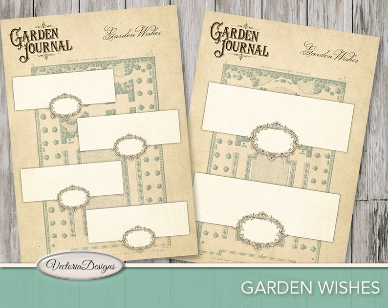 Pu&ograve; includere: Segnaposto stampabili con un tema da giardino vintage. Le carte presentano un bordo decorativo con un motivo floreale e il testo "Garden Journal" e "Garden Wishes".