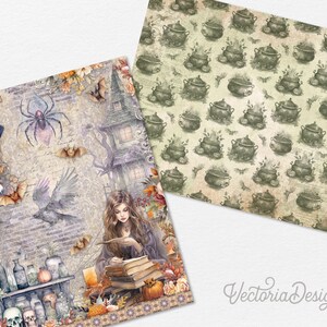 May include: A digital paper pack with two designs. The first design features a witch reading a book in a forest setting with a crow, spider, and potion bottles. The second design is a repeating pattern of cauldrons and bats on a light green background.