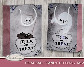 Trick or treat printable ghost bags for Halloween celebrations. Candy toppers gift crafting tags 001689