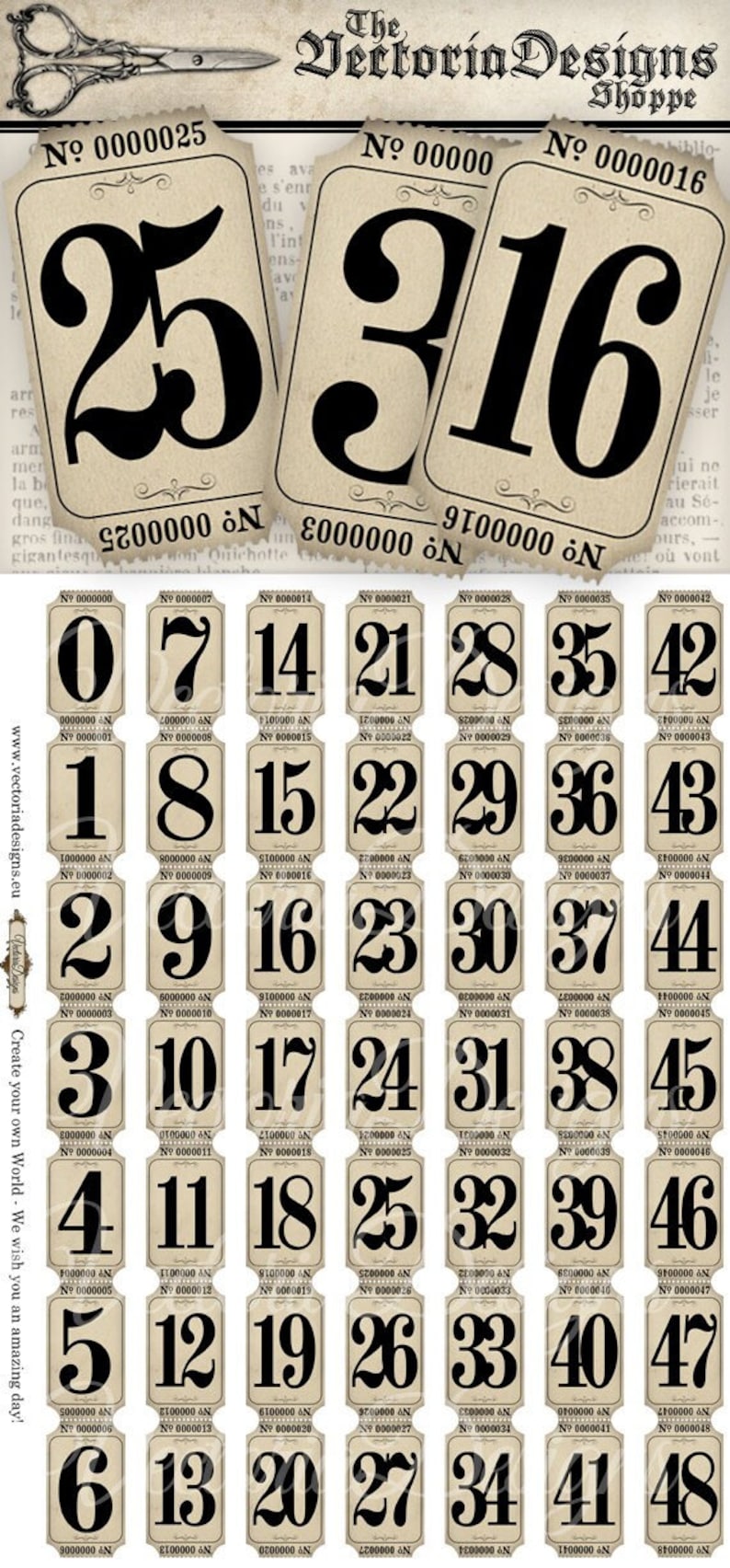 May include: A set of 48 vintage-style number tags, printed on cream-colored paper with black numbers. Each tag has a number from 0 to 48, with a unique number on each tag. The tags are perfect for crafts, scrapbooking, or party decorations.