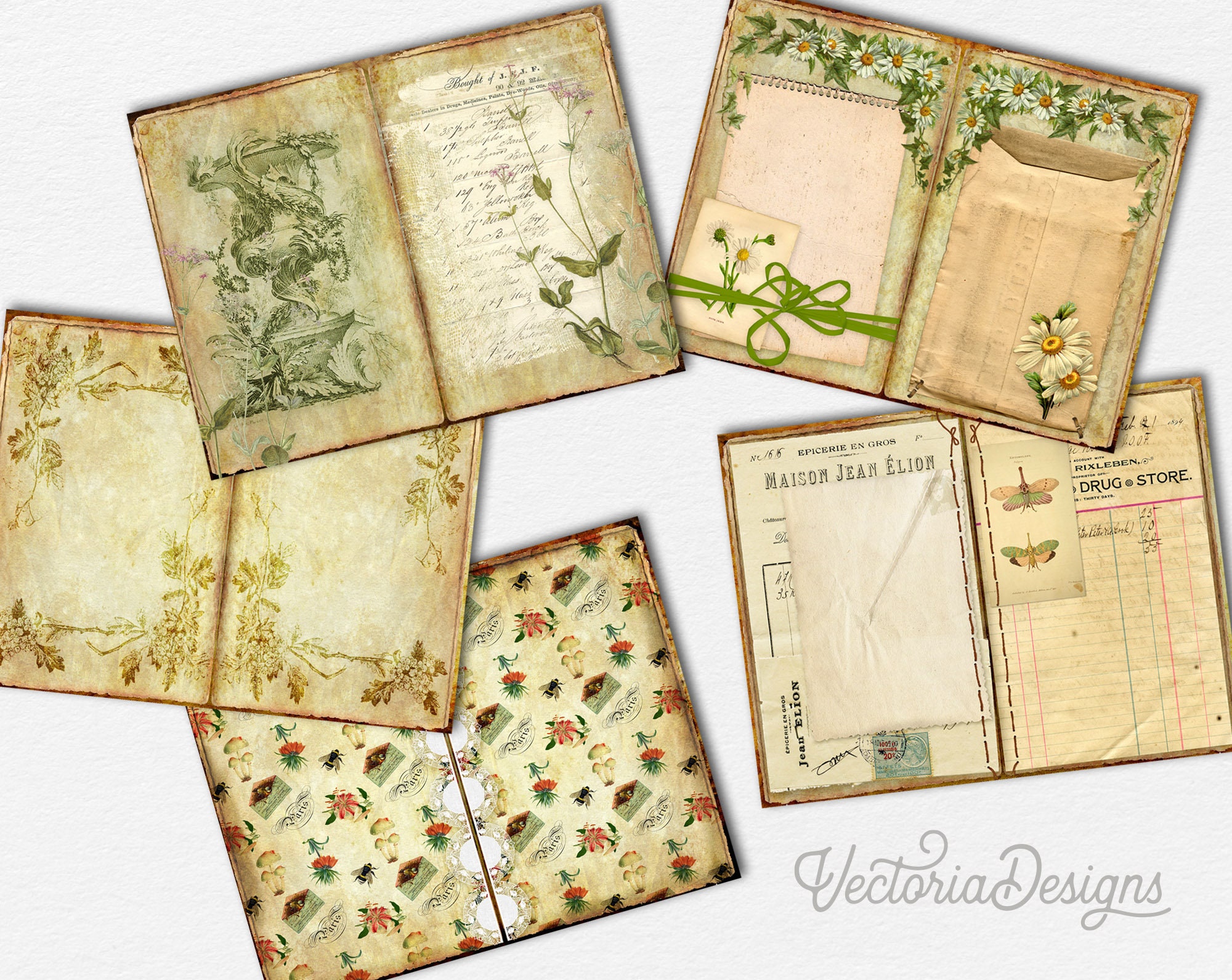 Ivory Botanical Junk Journal, Kit, Digital, Unique, White, Beige, Ivory  Ephemera, 21 Pages 