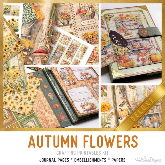 Autumn Flowers Junk Journal Kit DELUXE - Printable Pages, Papers and Embellishments for Crafting - 003524