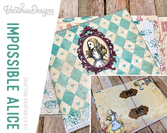 Impossible Alice Crafting Printable Kit, Junk Journal Kit, Alice In Wonderland Embellishments, Digital Paper, Wonderland Album - 002304