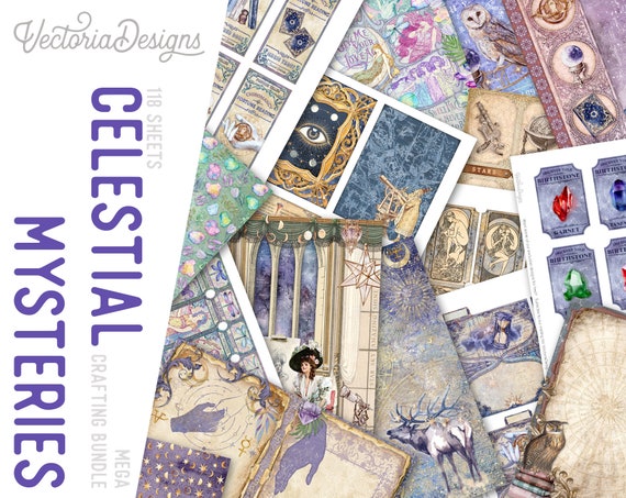 Celestial Mysteries MEGA Crafting Bundle, Zodiac, Astrology, Printable Paper Pack, Embellishments, Celestial Junk Journal, Craft Kits 002467