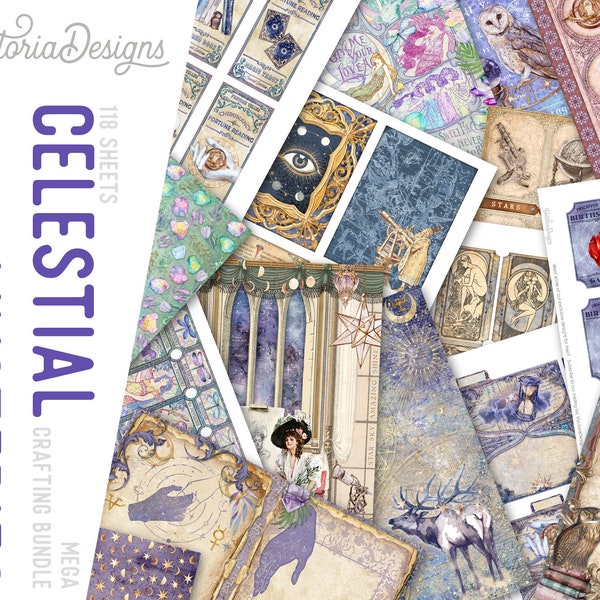 Celestial Mysteries MEGA Crafting Bundle, Zodiac, Astrology, Printable Paper Pack, Embellishments, Celestial Junk Journal, Craft Kits 002467