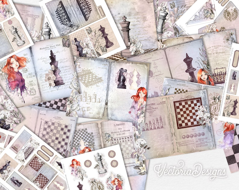 Queen's Chess Junk Journal Kit, Junk Journal Supplies, Junk Journal Printable, Junk Journal Ephemera, DIY Kit 002162 image 2