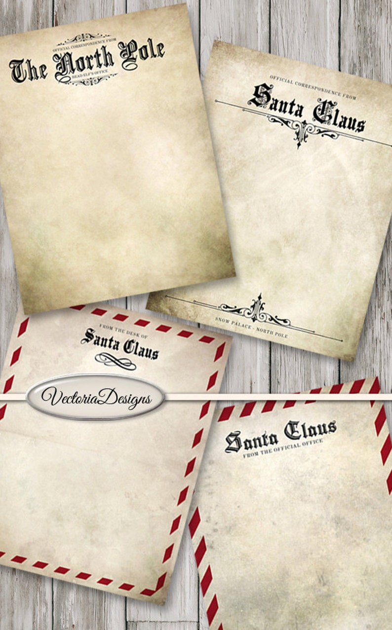 Op de afbeelding: Vier vellen briefpapier in vintage-stijl met verouderde papiertexturen. Twee vellen bevatten zwarte decoratieve tekst met The North Pole en Santa Claus. Twee vellen hebben rood-witte diagonale strepen aan de randen met de tekst Santa Claus.