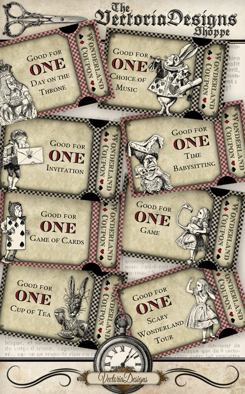 Alice in Wonderland Coupons Printable VDCOAL1056 Etsy