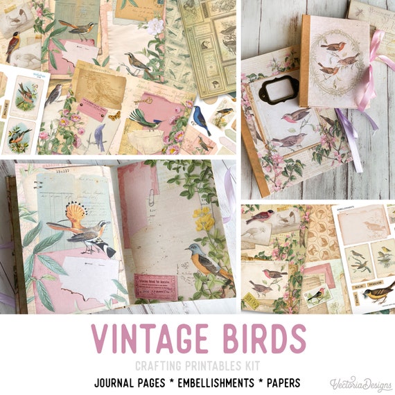 Vintage Birds Junk Journal Kit - Printable Pages, Papers and Embellishments for Crafting - 002092