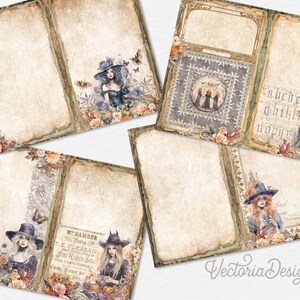 May include: A set of six printable digital scrapbook paper pages featuring a vintage, gothic, and Halloween theme. The pages feature images of witches, bats, and flowers in shades of brown, green, and purple. The pages also include text in a gothic font.