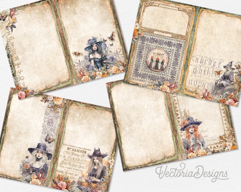 May include: A set of six printable digital scrapbook paper pages featuring a vintage, gothic, and Halloween theme. The pages feature images of witches, bats, and flowers in shades of brown, green, and purple. The pages also include text in a gothic font.
