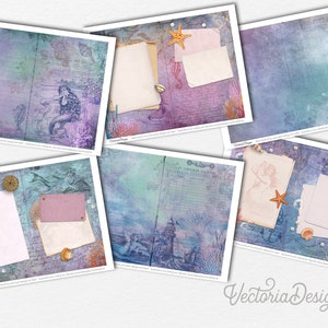 May include: Six digital scrapbook paper designs featuring a mermaid, seashells, starfish, and nautical themes. The papers are in shades of blue, purple, and pink with a vintage, distressed look.