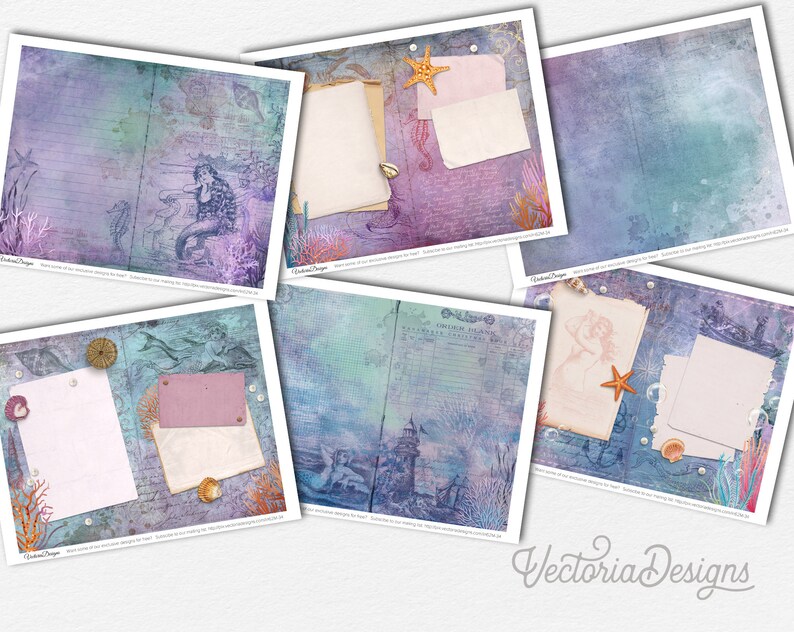 May include: Six digital scrapbook paper designs featuring a mermaid, seashells, starfish, and nautical themes. The papers are in shades of blue, purple, and pink with a vintage, distressed look.