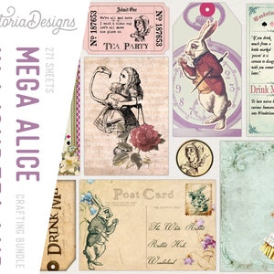 Alice In Wonderland Mega Crafting Bundle, Printable Crafting Pack, Digital Scrapbook, Tea Envelopes, Paper Labels, Tickets, Banner 001653