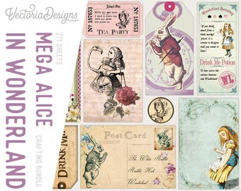 Alice In Wonderland Mega Crafting Bundle, Printable Crafting Pack, Digital Scrapbook, Tea Envelopes, Paper Labels, Tickets, Banner 001653