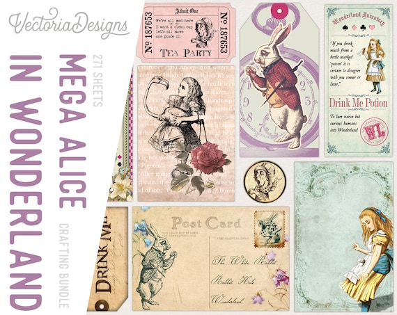 Alice In Wonderland Crafting Bundle, Printable Crafting Pack, Digital Scrapbook, Tea Envelopes, Paper Labels, Tickets, Banner 001653