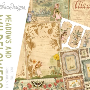 Meadows and Wildflowers Crafting Printables Kit, Cottagecore Aesthetic, Printable Junk Journal Kit, Digital, Printable Paper Pack 002331