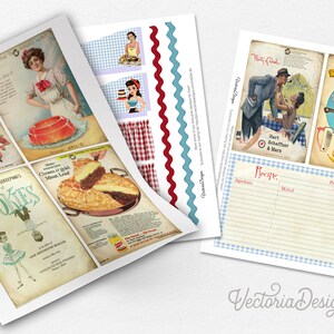 May include: A vintage-style printable sheet with images of retro advertisements and a recipe card. The images include a woman in a dress, a cookbook, a pie, a couple, and a kitchen appliance. The recipe card has a blue and white checkered border and the words "Recipe:" at the top.
