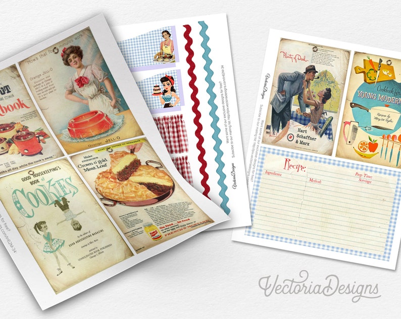 May include: A vintage-style printable sheet with images of retro advertisements and a recipe card. The images include a woman in a dress, a cookbook, a pie, a couple, and a kitchen appliance. The recipe card has a blue and white checkered border and the words "Recipe:" at the top.