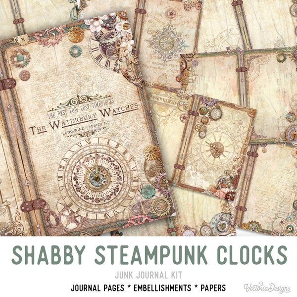 Shabby Steampunk Clocks Journal Pages, Steampunk Journal, Journal imprimable, Mini Journal Kit, Printable Junk Journal, PDF Journal 002640