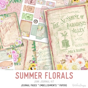 Summer Florals Junk Journal Kit, Journal Embellishments, Flower Junk Journal Kit, Craft kits, Printable Journal Kit, Scrapbooking, 002422