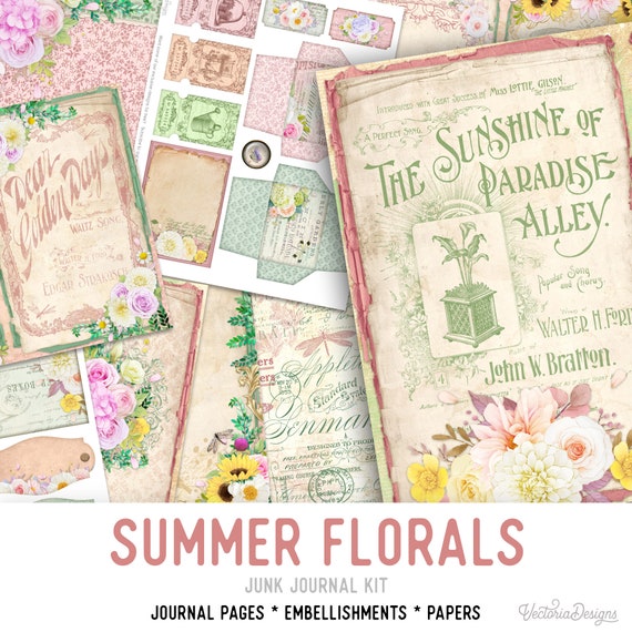 Summer Florals Junk Journal Kit - Printable Pages for Crafting - 002422