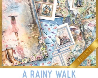 A Rainy Walk DELUXE Junk Journal Kit, Rain Crafting Printables Rain Embellishments Rain Printable Rain Paper Rain Junk Journal 003471
