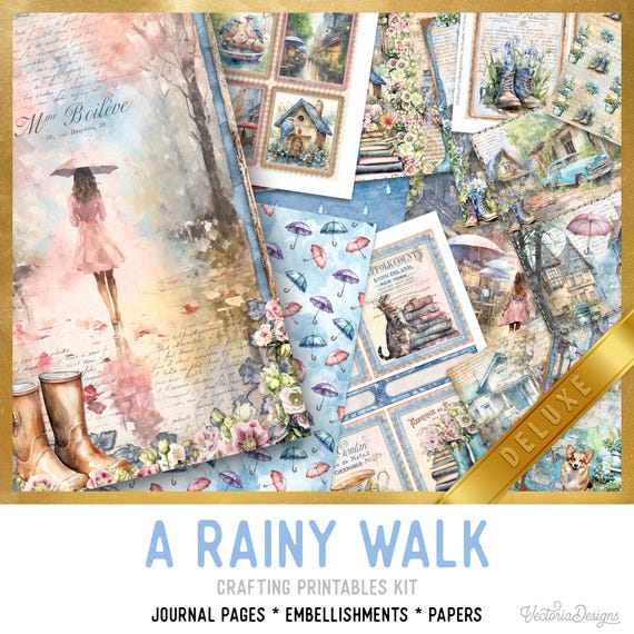 A Rainy Walk DELUXE Junk Journal Kit - Printable Pages, Papers and Embellishments for Crafting - 003471