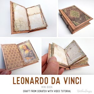 Puede incluir: Miniatura de libro con cubierta marrón y páginas con ilustraciones y el texto "Leonardo Da Vinci". El libro tiene una estética vintage, con papel envejecido y bordes decorativos. La cubierta muestra un diseño detallado.