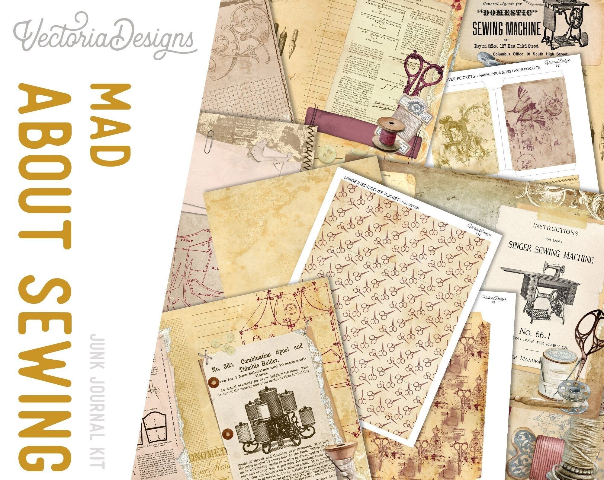 Mad About Sewing Vertical Journal, Junk Journal Pack, Scrapbook Journal,  Printable Paper Craft, Digital Paper Scrapbook,Embelishments 002047