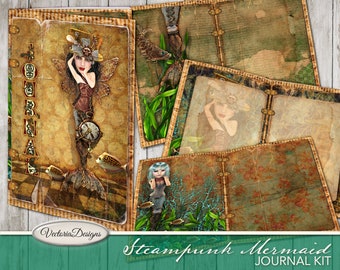 Steampunk Mermaid Journal Kit, Steampunk Decoration, Mermaid Digital Paper, Printable Junk Journal, Dark Academia, DIY Journal 001956