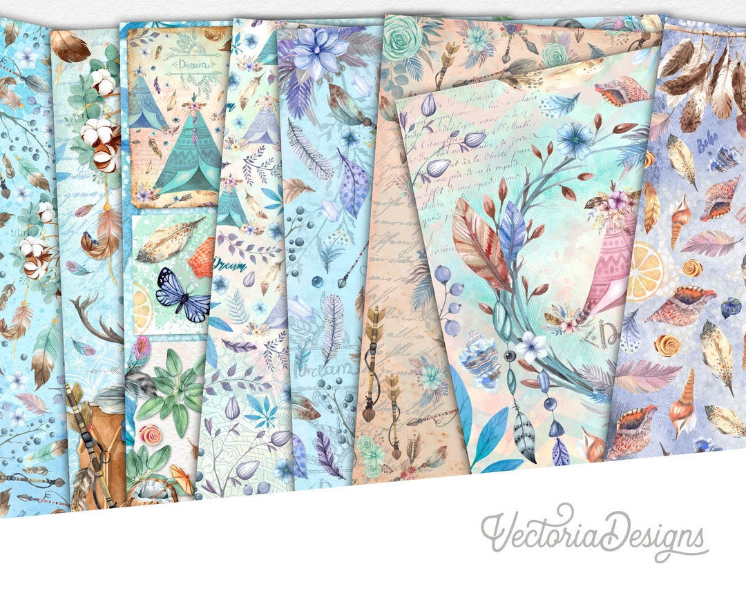 Blue Boho Paper Pack, Printable Paper Pack, Digital Paper Pack ...