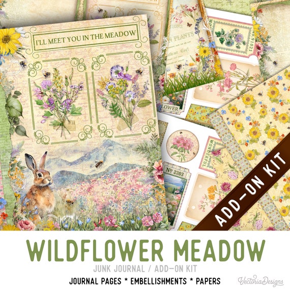 Wildflower Meadow Junk Journal Kit ADD-ON, Printable Craft kit with Journal Pages, Embellishments and Papers - 003421