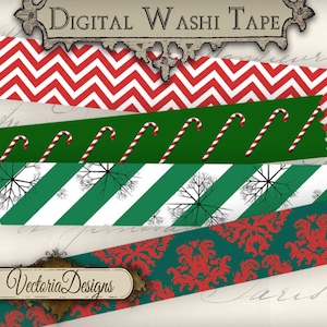 May include: Digital washi tape designs featuring festive patterns. Includes red and white chevron, candy canes on green, green and white diagonal stripes with tree branches, and red damask on green. The text "Digital Washi Tape" and "Vectoria Designs" are visible.