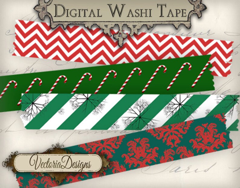 May include: Digital washi tape designs featuring festive patterns. Includes red and white chevron, candy canes on green, green and white diagonal stripes with tree branches, and red damask on green. The text "Digital Washi Tape" and "Vectoria Designs" are visible.