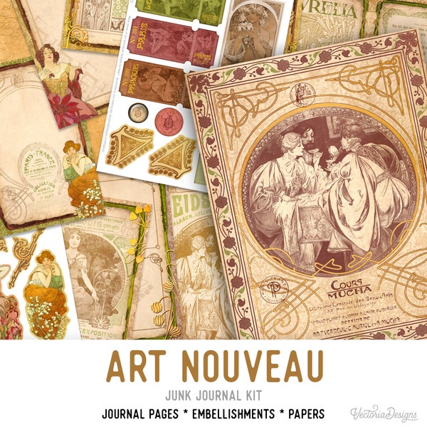 Art Nouveau Junk Journal Kit, Pages de journal, Embellissements de journal, Junk Journal Kit, Kits d'artisanat, Kit de journal imprimable, Scrapbook - 002356