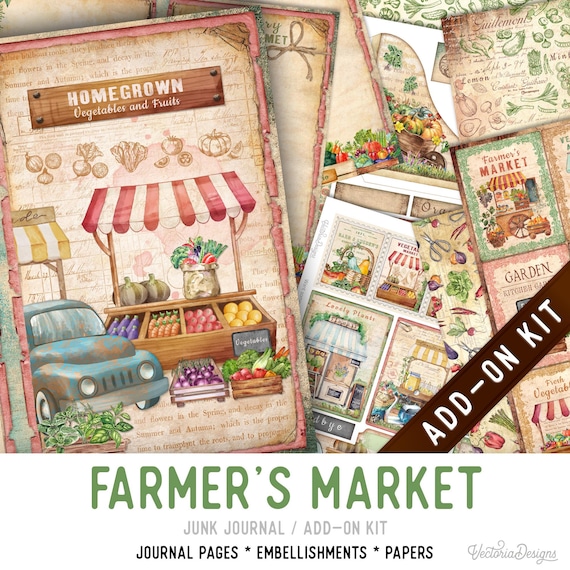 Farmer's Market Junk Journal Kit, Printable Pages, Embellishments, Papers (Add-On) - 004104