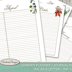 Puede incluir: P&aacute;ginas de papel blanco de un planificador o diario de jard&iacute;n, con espacios rayados para notas y fechas. Cada p&aacute;gina est&aacute; etiquetada con un mes y adornada con ilustraciones bot&aacute;nicas. El texto "Garden Planner / Journal Pages" es visible.
