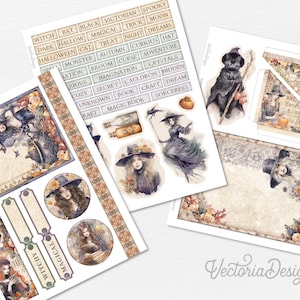 May include: A set of digital printable papers and stickers featuring a witchy theme. The papers have a vintage aesthetic with floral and autumnal designs. The stickers include images of witches, cats, cauldrons, and other Halloween-related imagery. The text "Witchy" and "Magical" is included on the papers.