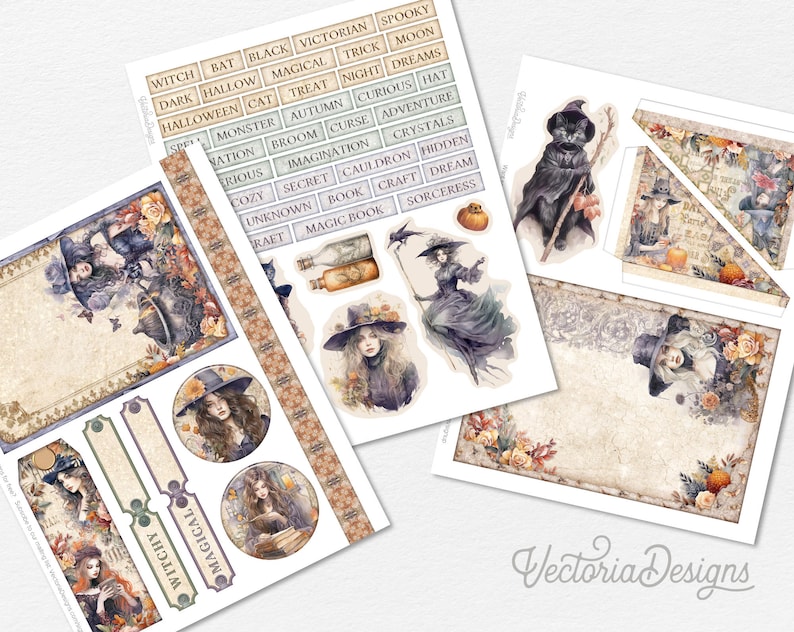 May include: A set of digital printable papers and stickers featuring a witchy theme. The papers have a vintage aesthetic with floral and autumnal designs. The stickers include images of witches, cats, cauldrons, and other Halloween-related imagery. The text "Witchy" and "Magical" is included on the papers.