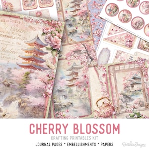 Cherry Blossom Junk Journal Kit Large, Cherry Blossom Crafting Printables Kit Sakura Embellishments Japanese Printable Paper Craft 003236