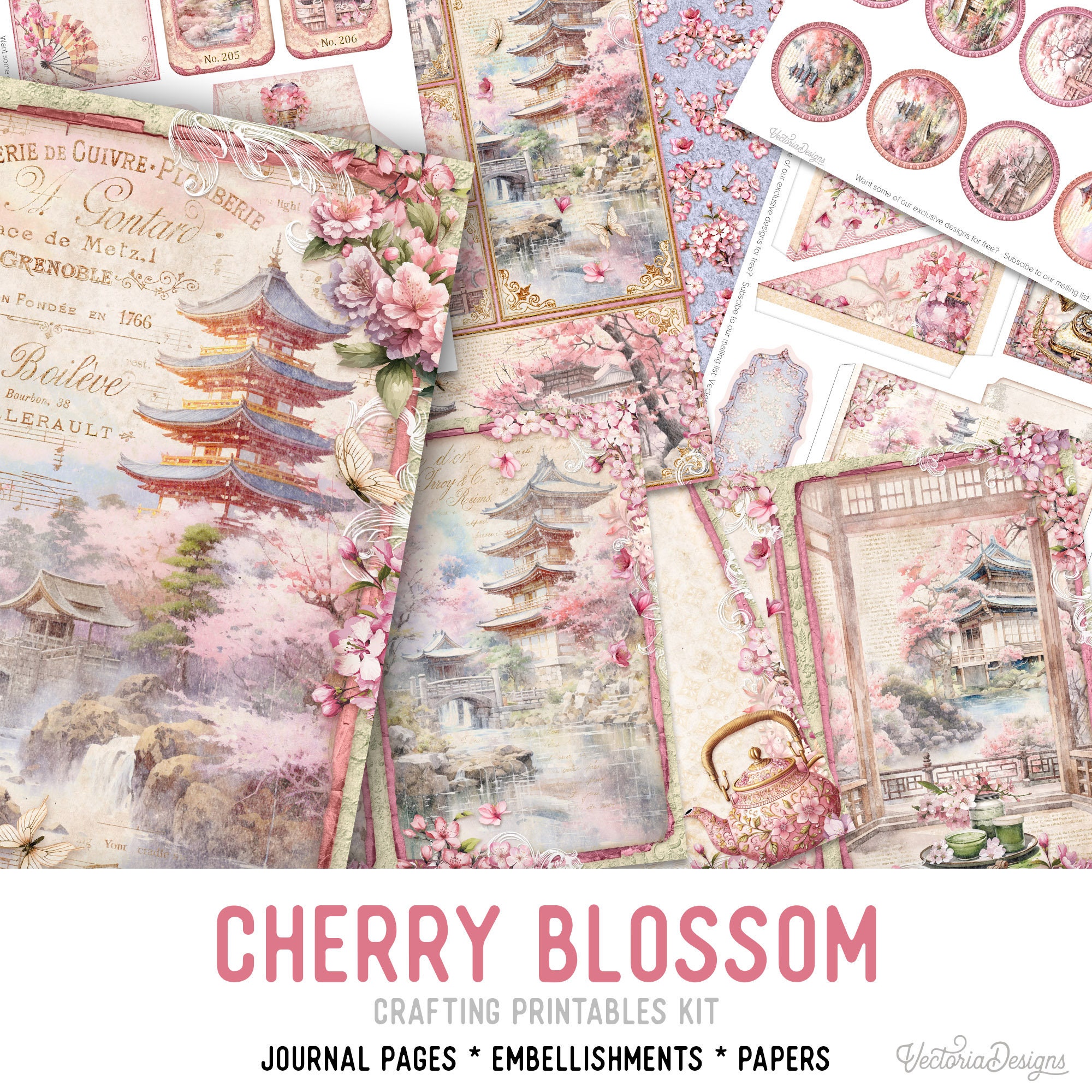 Cherry Blossom Junk Journal Kit Large, Cherry Blossom Crafting Printables Kit Sakura Embellishments Japanese Printable Paper Craft 003236