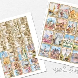 Around the World Postage Stamps, Printable Stamps, Junk Journal Embellishments, Scrapbooking Ephemera, Junk Journal Embellishments - 002955