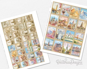 Around the World Postage Stamps, Printable Stamps, Junk Journal Embellishments, Scrapbooking Ephemera, Junk Journal Embellishments - 002955