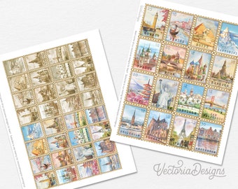 Around the World Postage Stamps, Printable Stamps, Junk Journal Embellishments, Scrapbooking Ephemera, Junk Journal Embellishments - 002955